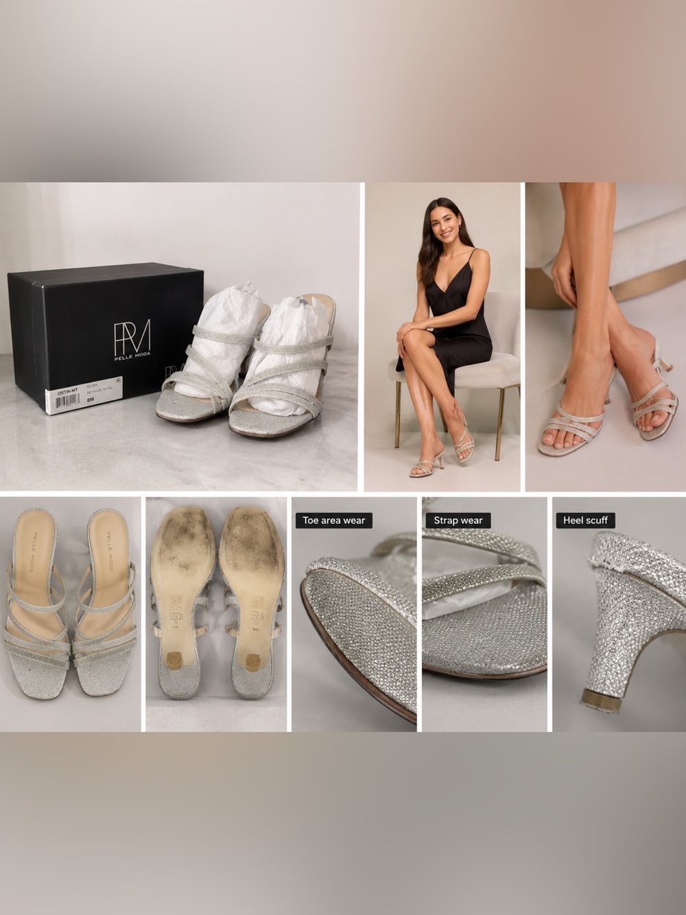 Pelle Moda Ostin Silver Metallic Textil Heels Size 8M Sparkly Sandals